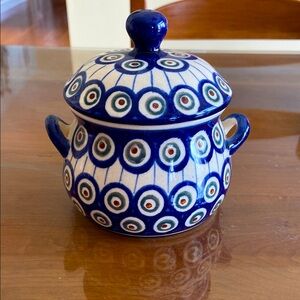 Vintage Polish Pottery Jar/Creamer with blue, cream, rust and green. Unused.